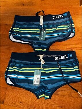 Diesel 78 Men's Striped Blue Swim Shorts Set Medium NWT